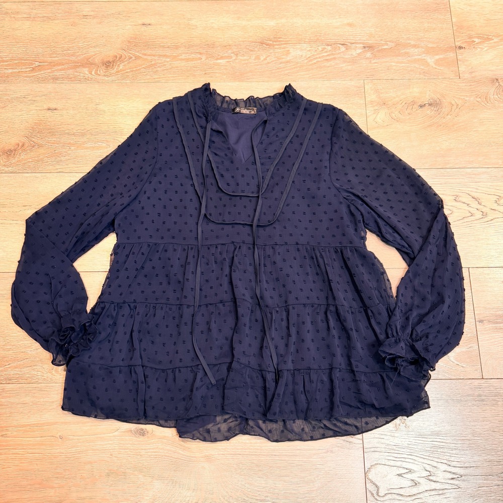 Pretty Garden Navy Blue Size Small S Top LS Shirt Swiss Dot Tiered Ruffle Neck